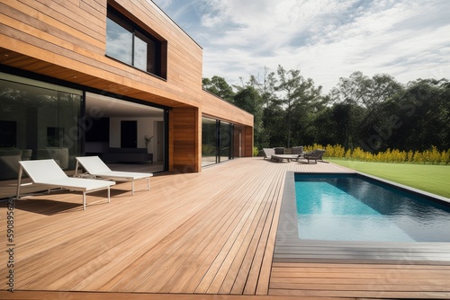 Wood terrace pool. Generate Ai photo