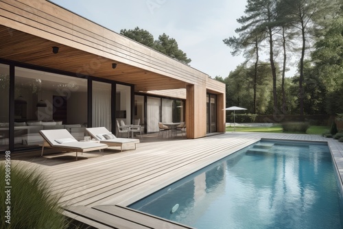 Modern wood terrace pool. Generate Ai