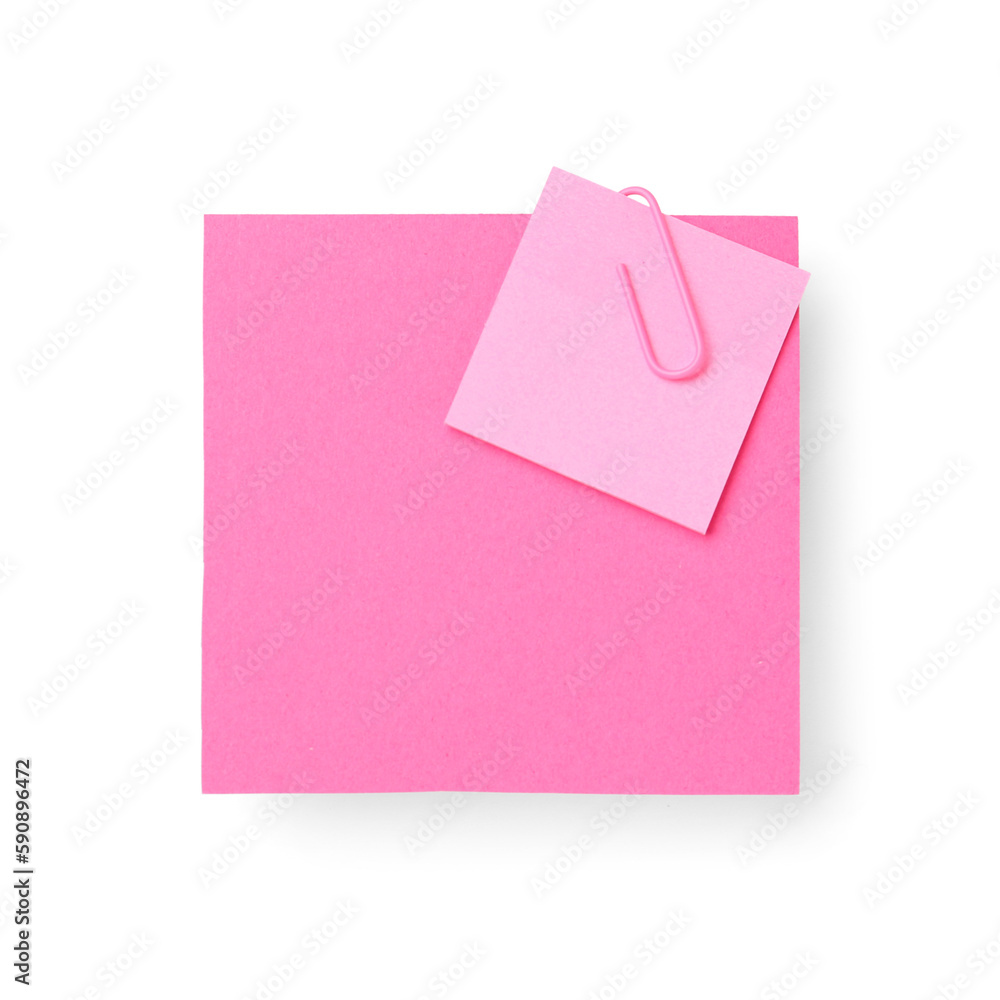 Pink sticky notes with paper clip on white background Pink sticky notes with paper clip on white background