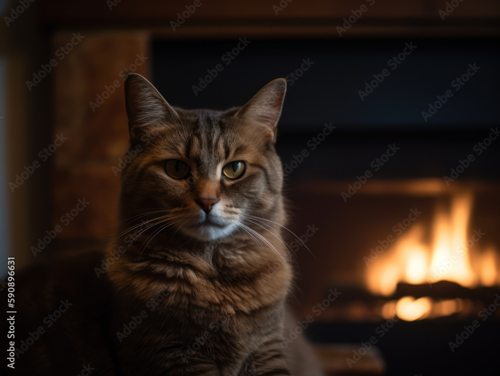 portrait of a cat in front of a fireplace