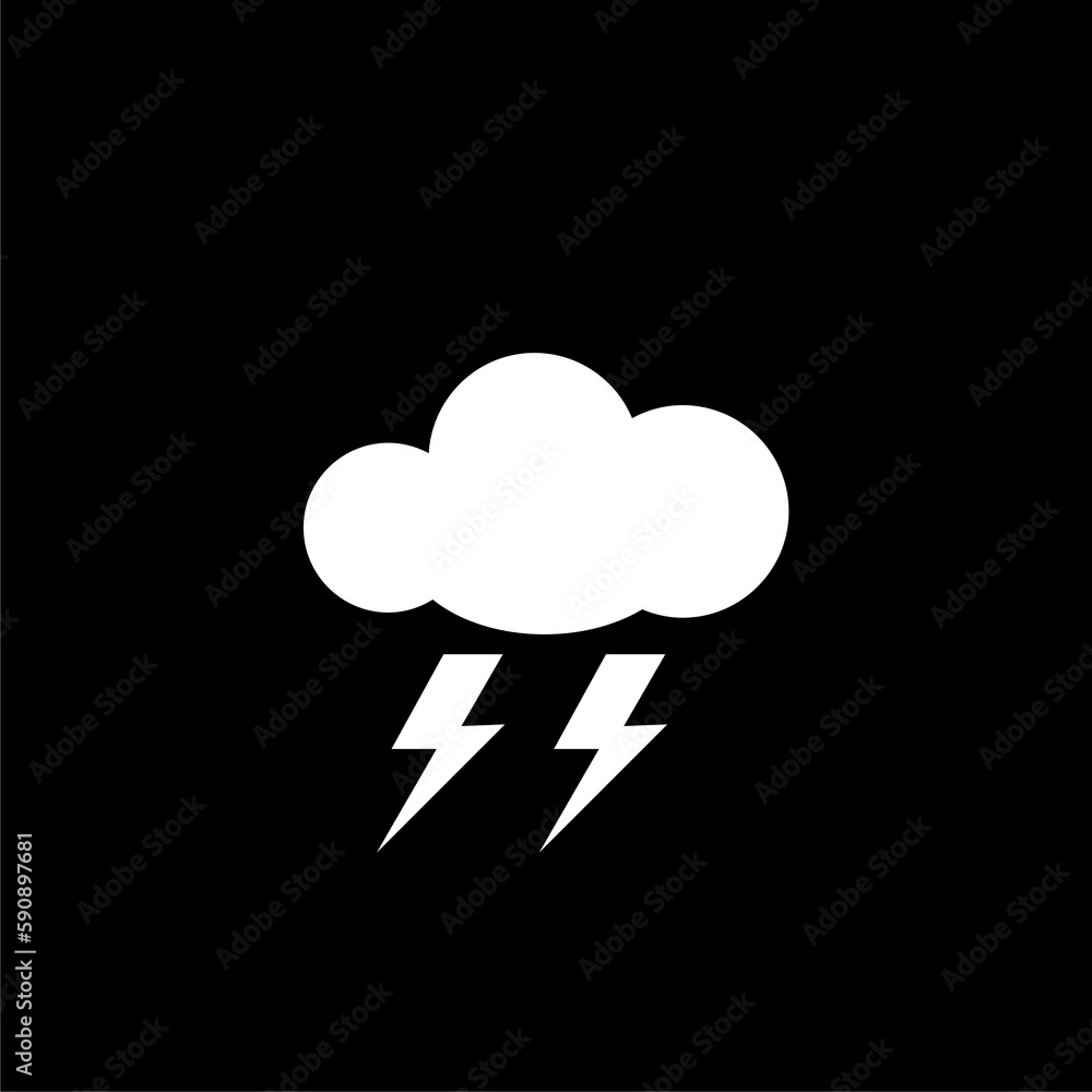 Cloud and lightning sign. Weather icon of storm isolated on black background Cloud and lightning sign. Weather icon of storm isolated on black background