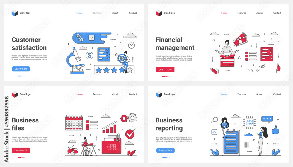 Customers feedback and satisfaction, financial report, file management set vector illustration. Cartoon tiny people work in survey service to rate experience, manage data documents and business audit