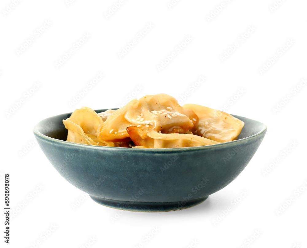 Bowl with tasty Chinese jiaozi and sesame on white background Bowl with tasty Chinese jiaozi and sesame on white background