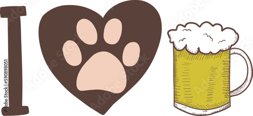 I love beer and dog paw print illustration
