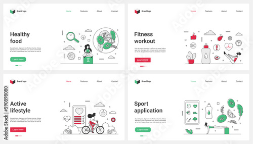 Healthy lifestyle and nutrition, fitness and yoga workout with mobile apps and wellness set vector illustration. Cartoon tiny active people eat vegetarian food and meditate, ride bike for body health