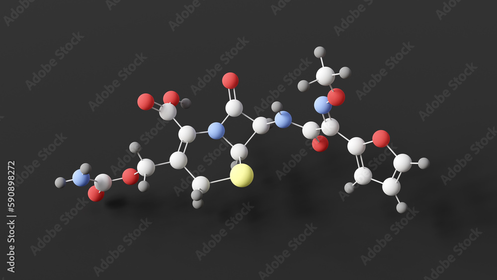 cefuroxime molecule, molecular structure, zinacef, ball and stick 3d model, structural chemical formula with colored atoms