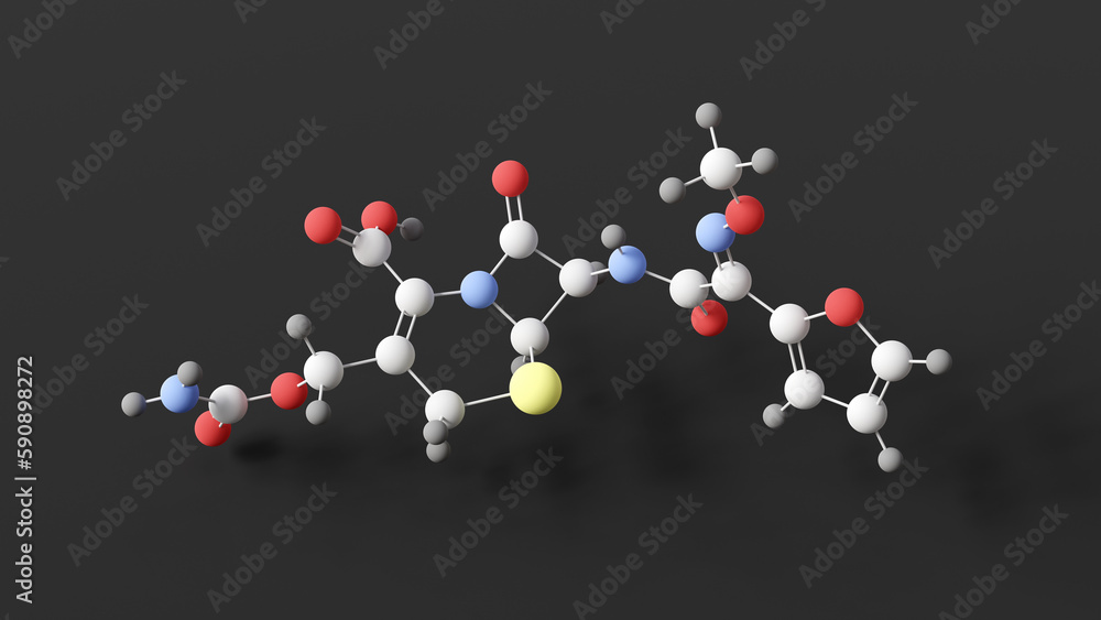 cefuroxime molecule, molecular structure, zinacef, ball and stick 3d model, structural chemical formula with colored atoms cefuroxime molecule, molecular structure, zinacef, ball and stick 3d model, structural chemical formula with colored atoms