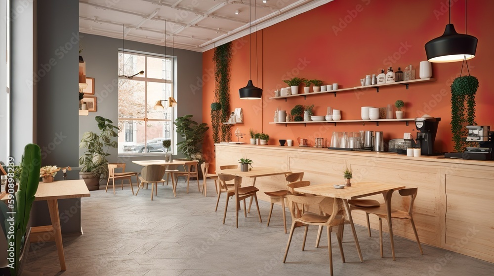 Minimalist designed coffee house and bistro interior, AI generated 
