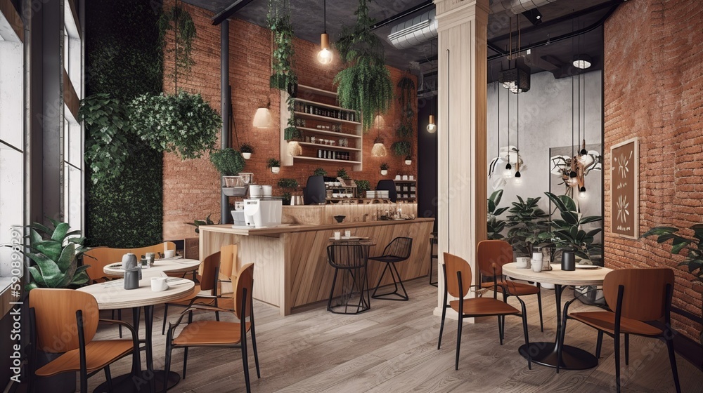 Naklejka premium Rustic and bohemian coffee house interior with plants, AI generated
