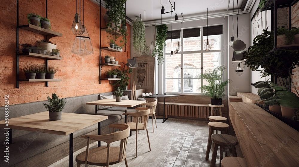 Hygge vibe urban coffee shop interior with terracotta wall, AI generated 