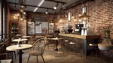 Rustic and bohemian coffee house interior with plants and brick wall, AI generated 