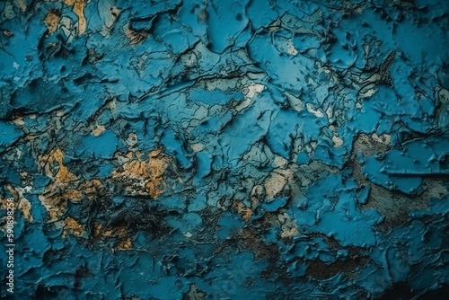 Blue grunge or horror background. Old rough concrete distressed texture. The wall of the building with cracks. Close-up. Crushed broken damaged surface. AI generative