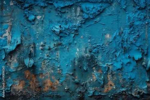 Blue grunge or horror background. Old rough concrete distressed texture. The wall of the building with cracks. Close-up. Crushed broken damaged surface. AI generative