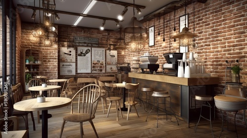 Rustic and bohemian coffee house interior with plants and brick wall, AI generated 