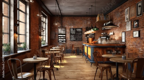 Cozy speciality coffee house interior with brick wall and AI generated 