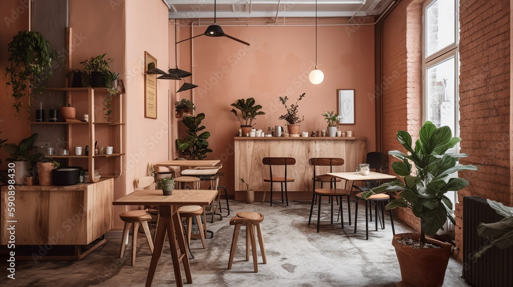 Urban and rustic style speciality coffee shop interior with terracotta wall , Ai generated