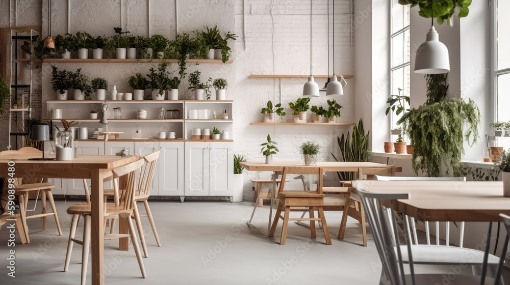 Scandinavian and bohemian style hygge vibe coffee house interior, AI generated 