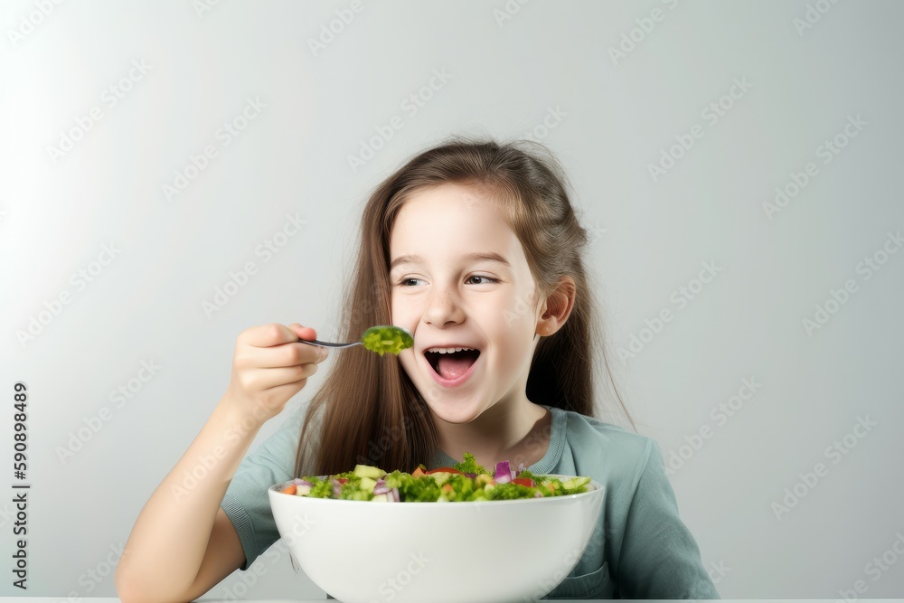 Happy girl eating salad. Generate Ai Happy girl eating salad. Generate Ai