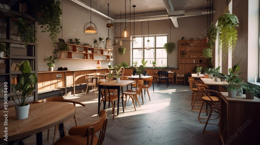 Minimalist cozy coffee house interior with terracotta colors and plants, AI generated