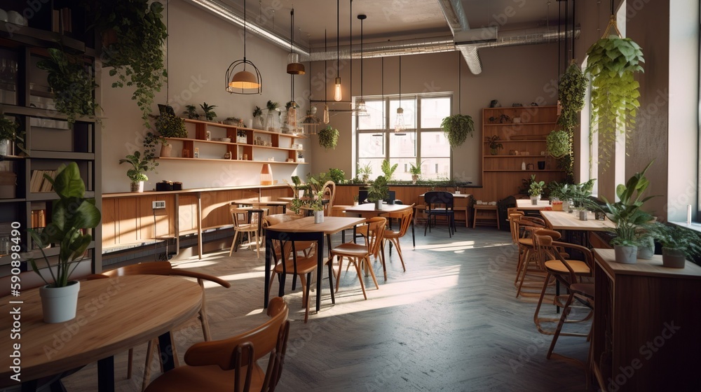 Obraz premium Minimalist cozy coffee house interior with terracotta colors and plants, AI generated