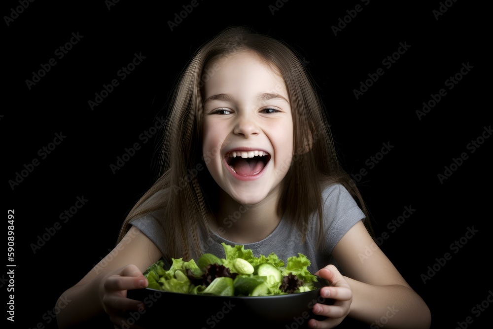 Happy smiling girl eating salad. Generate Ai Happy smiling girl eating salad. Generate Ai