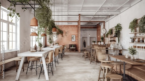 Foto Minimalist cozy coffee house interior with terracotta colors and plants, AI gene