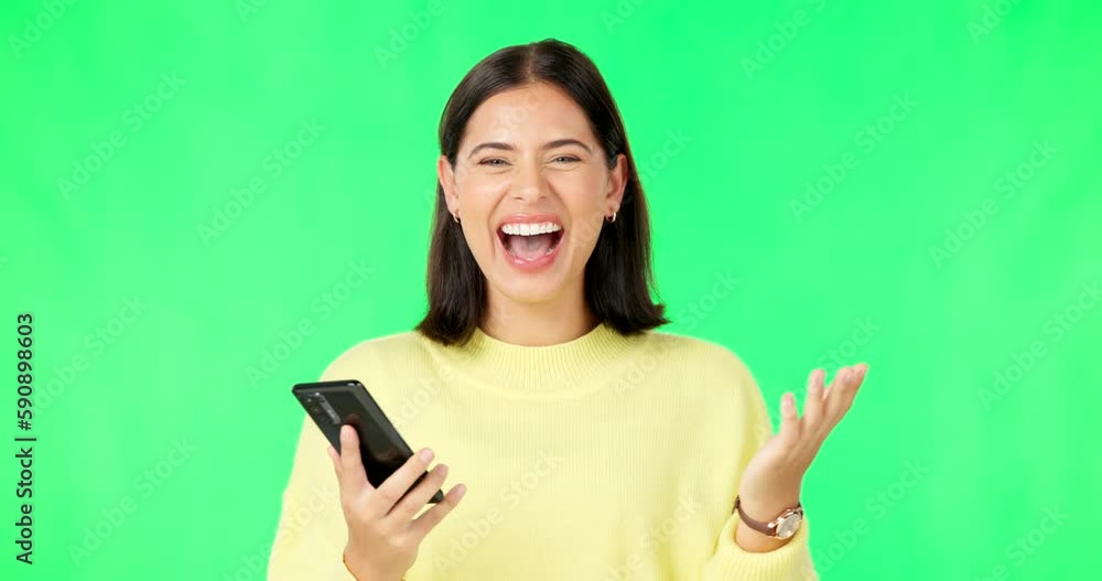 Happy woman, phone and celebration on green screen for winning, promotion or bonus against a studio background. Portrait of excited female in joyful happiness on smartphone for win or prize on mockup Happy woman, phone and celebration on green screen for winning, promotion or bonus against a studio background. Portrait of excited female in joyful happiness on smartphone for win or prize on mockup