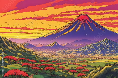 Volcano eruption smoke landscapes digital painting illustation. Generative AI