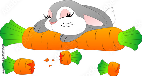 Fototapeta Naklejka Na Ścianę i Meble -  cute bunny sleeps on a carrot