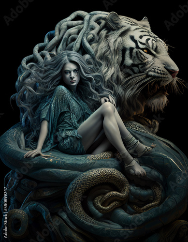 Women medusa riding tiger realistic illustration created with AI tools