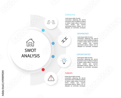 Swot infographic analysis template. strength,weakness,opportunities,threats.Background with icon and Four colorful elements. Vector illustration