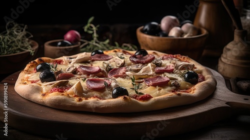 Traditional Italian Pizza Margherita, Quattro Stagioni, Diavolo, Hawaiian, Funghi or Frutti di Mare. A favorite Italian dish with a crispy base. Generative AI