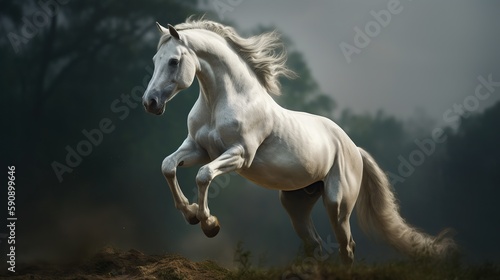 Beautiful rearing up wild horse. Illustration of mustang in free motion. Power of freedom concept. Generated with AI. photo