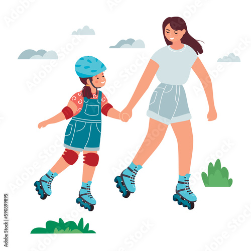 Mom teaches her daughter to roller skate.Smiling characters have fun together.Woman and girl in summer clothes.Child in protective equipment.Vector cartoon flat illustration on white background.