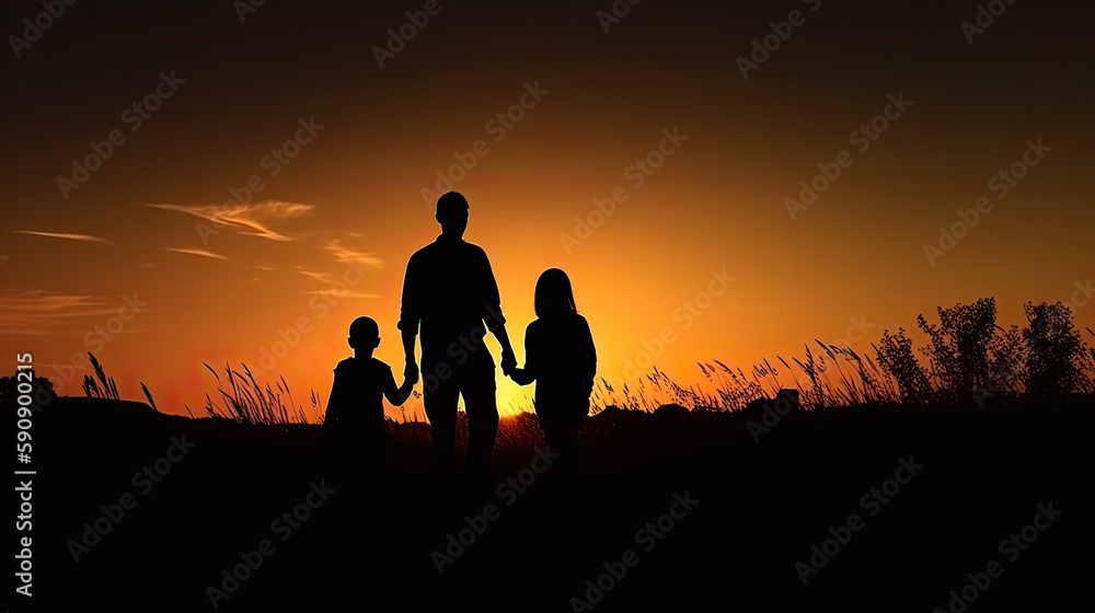 Silhouette eines Vaters mit seinen Kindern bei Sonnenuntergang (Generative AI)