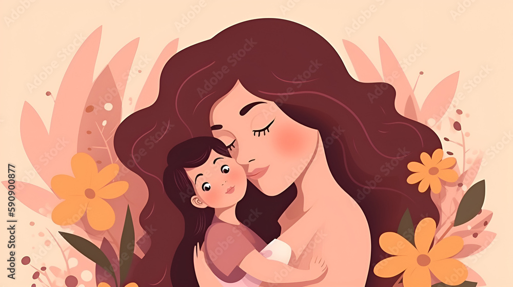 Mother's Day flat illustration with a young mother, hugging her child against the background of flowers, warm colors, bright background. Holiday family concept. Ai generated