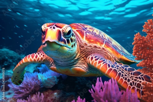 Colorful underwater sea turtle. Generate Ai