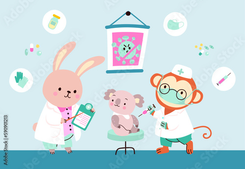 Medical vaccination scene in hospital. Cute koala patient and doctors monkey and bunny. Immunization, childish pediatrician nowaday vector characters photo