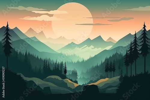  illustration of beautiful mountain landscape sunrise and sunset in mountains Generated AI