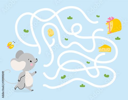 Children maze game mouse find cheese. Rat choose right way. Kids paper play location, exciting adventure cartoon rat. Childish labyrinth nowaday vector scene