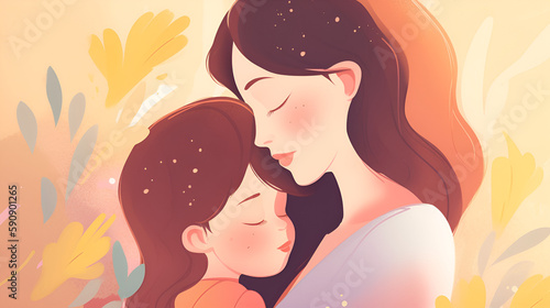 Illustration of mother with her little child  flower in the background. Concept of mothers day  mothers love  relationships between mother and child. Created with Generative AI technology.