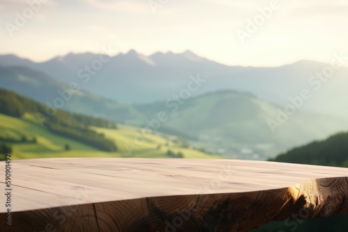 Wooden table mountain landscape. Generate Ai