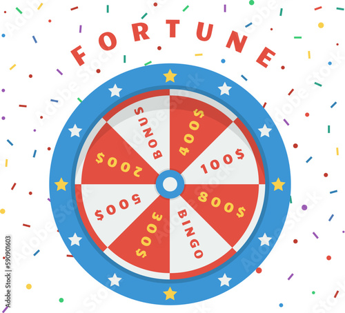 Fortune wheel logo poster. Casino wheels in falling confetti, gambling online graphic elements. Lucky spin, abstract gaming decent vector background