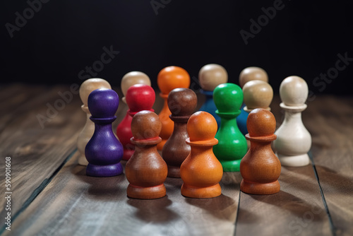 Wooden pawns representing the concept of diversity and inclusion in society. Colored figures on a wooden desk. Close-up shot. Generative AI