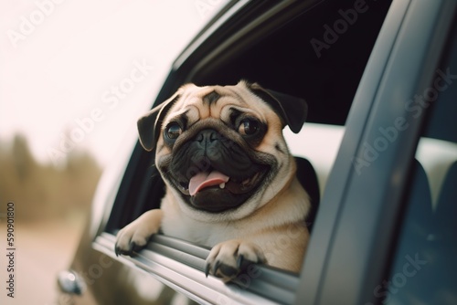 illustration, a cute dog hanging its head from a moving car, ai generative © Jorge Ferreiro