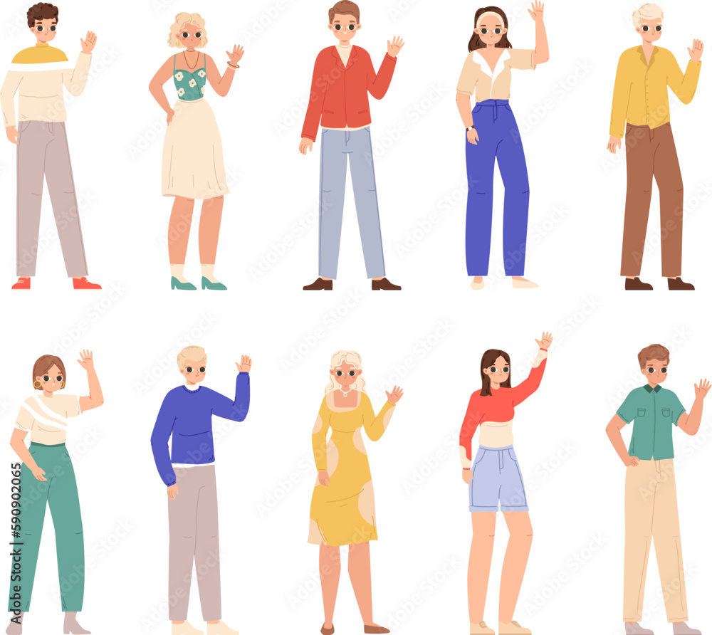 People say hello, young ethnic man woman waving. Welcoming characters, diverse adults and teens. Casual style students snugly vector community