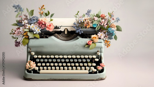 Antique old fashioned typewriter with mechanical keyboard surrounded by blooming spring flowers, cartoon illustration generative AI photo