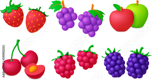 Berries fruits isolated 3d icons. Cherry and strawberry  raspberry and grapes. Realistic berry  decorative graphic juicy food. Vegan pithy vector elements