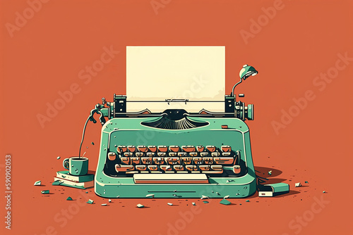 Mechanical typewriter in classic and minimalistic style with white blank paper isolated on copy space orange background. Cartoon illustration generative AI