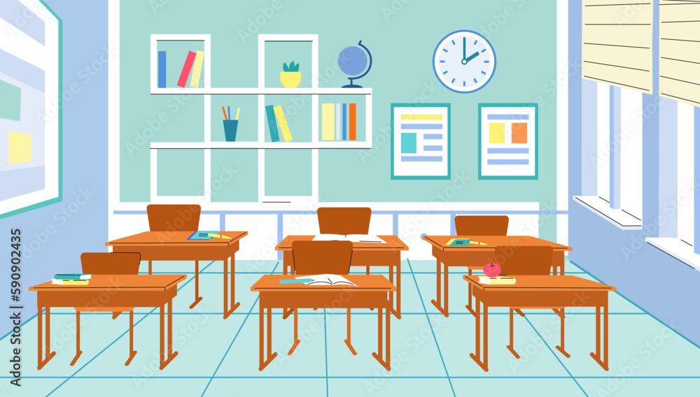 Classroom interior in school. High or elementary class, room in kindergarten or college with desk, books and notebooks. Vector education concept Classroom interior in school. High or elementary class, room in kindergarten or college with desk, books and notebooks. Vector education concept